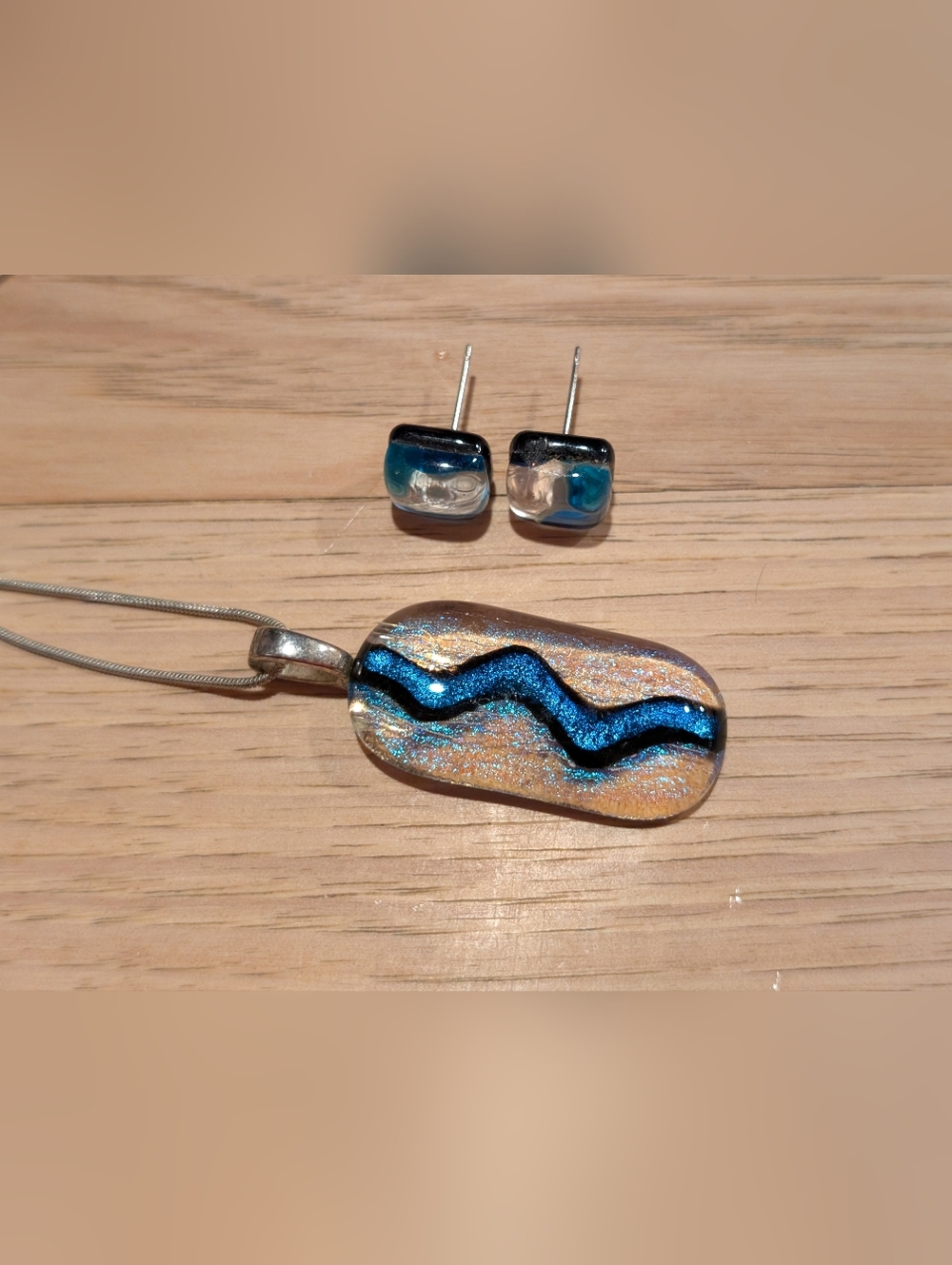 Blue and Black Fused Glass Pendant with Matching Stud Earrings